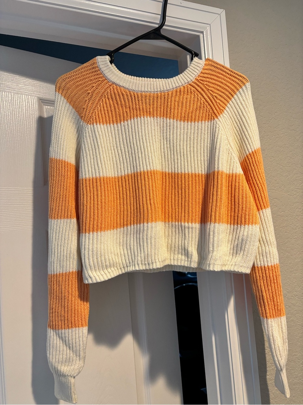 Forever 21 Orange and Cream Striped Cropped Crewneck Sweater